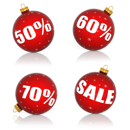 Red Christmas balls with numbers and percent symbols for Christmas saleの写真素材