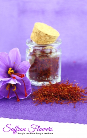 Dried saffron spice and Saffron flowerの写真素材