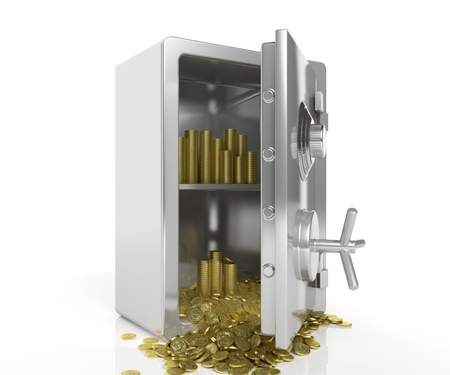 Safe with golden coins isolated on whiteの写真素材
