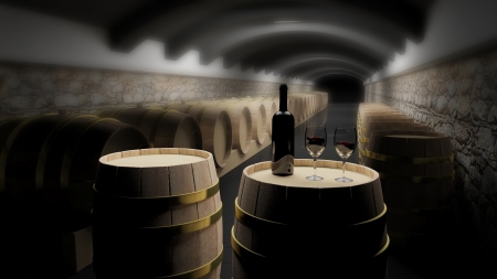 Wine barrels in a wine cellarの写真素材
