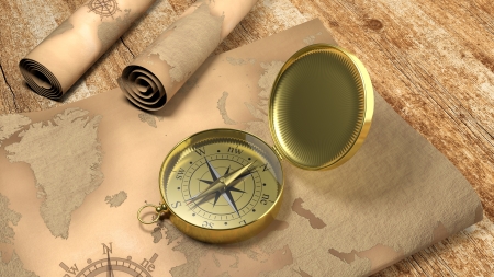 3D gold compass with map on wooden table