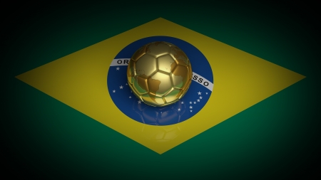 Gold soccer ball on Brazilian flagの写真素材