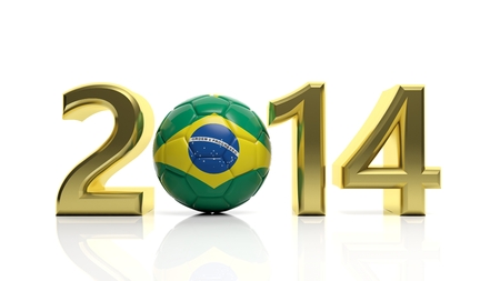 Gold 2014 with Brazilian soccer ball isolated on whiteの写真素材