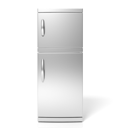 3D render of large silver refrigerator isolated one whiteの写真素材