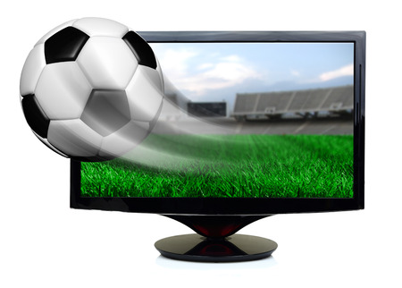Soccer ball in motion flying off screen isolatedの写真素材