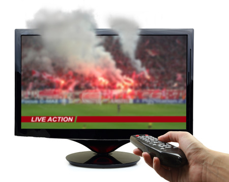 Tv screen with football match and smoke isolated の写真素材