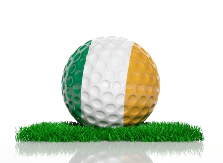 Golf ball with flag of Ireland on green grass の写真素材