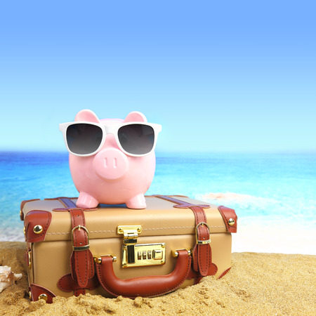 Suitcase with piggy bank in sunglasses on tropical beach Suitcase with piggy bank in sunglasses on tropical beach