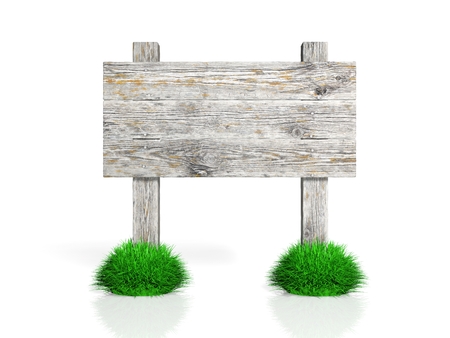 Old wooden sign with grass isolated on white background の写真素材