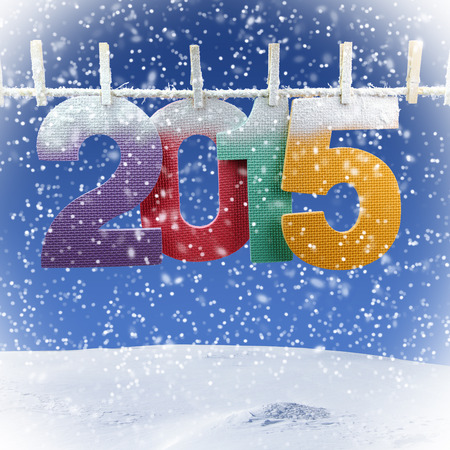 Number 2015 hanging on a clothesline in a wintry background