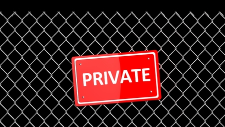 Metal fence with red sign Private isolated on blackの写真素材