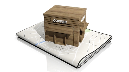 Paper map with 3D wooden cafe building isolated on whiteの写真素材
