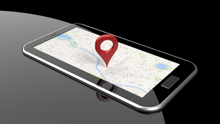 Tablet with map on screen and red pin isolatedの写真素材