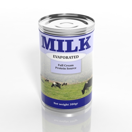 3D evaporated milk metallic can isolated on whiteの写真素材