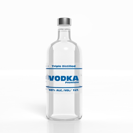 3D vodka transparent glass bottle isolated on whiteの写真素材