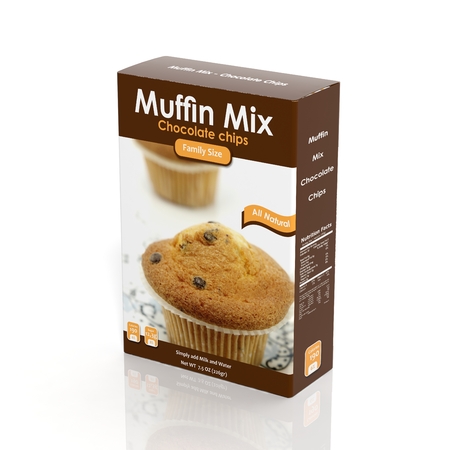 3D Muffin Mix paper package isolated on whiteの写真素材