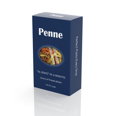 3D Penne Pasta paper package isolated on whiteの写真素材