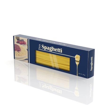 3D Spaghetti paper package isolated on whiteの写真素材