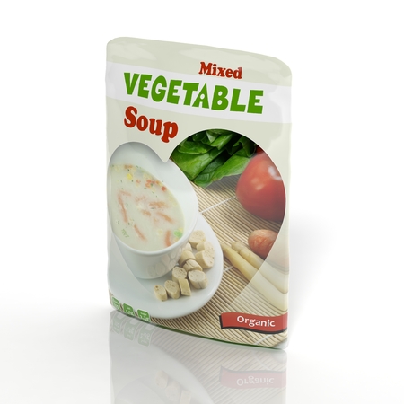 3D Vegetable Soup packet isolated on whiteの写真素材