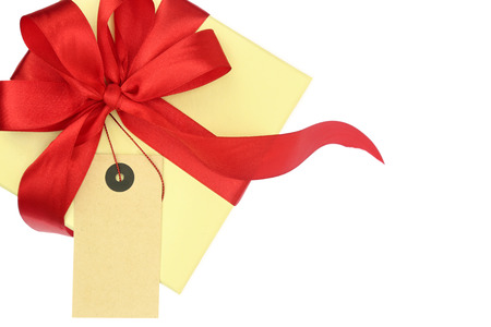 Gift box with blank tag isolated on whiteの写真素材