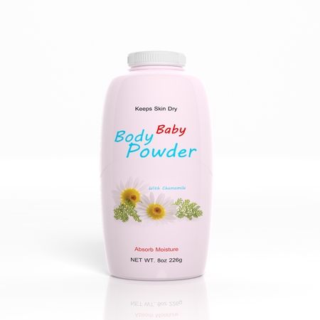 3D Baby Powder plastic bottle isolated on white backgroundの写真素材