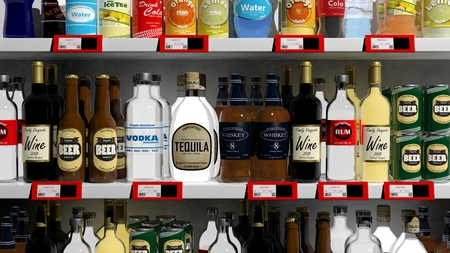Various 3D beverages products on supermarket shelveの写真素材