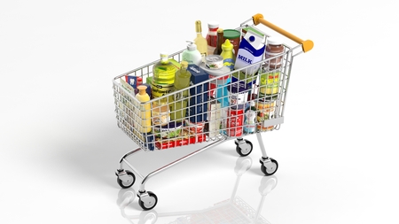 Full with products supermarket shopping cart isolated on white backgroundの写真素材