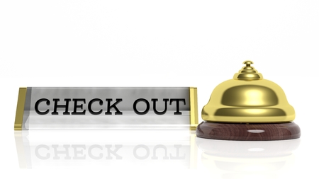 Hotel reception bell and Check out card isolated on whiteの写真素材