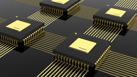 Computer multi-core microchip CPU isolated on black background