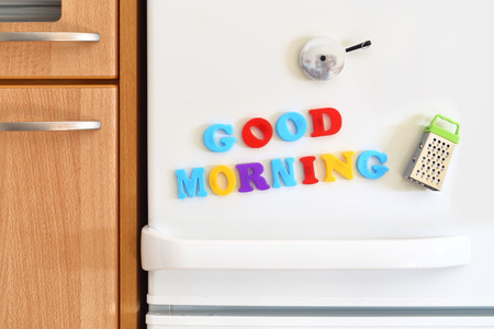 Refrigerators door with colorful text Good Morningの写真素材