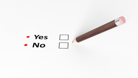 Questionnaire yes or not, blank boxes and wooden pencil on whiteの写真素材