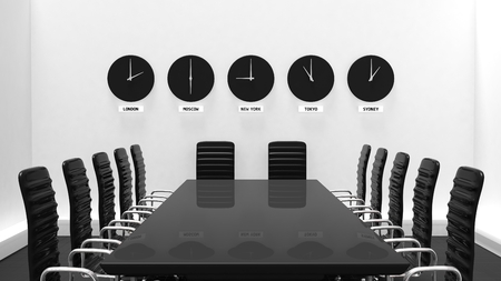 Interior of a meeting room with world clocks on a white wall