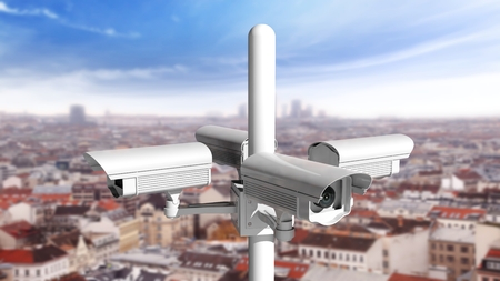 Security surveillance cameras watching in every direction above city