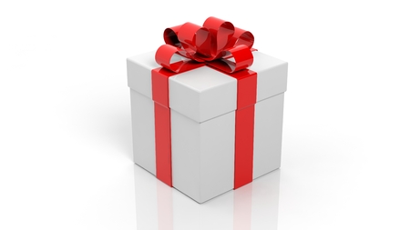 Gift box with red ribbon isolated on white backgroundの写真素材