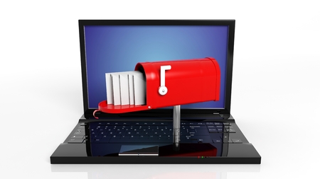 Red mailbox with with envelopes on black laptop keyboard isolated