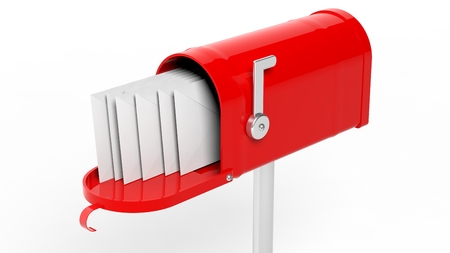 Red mailbox with letters isolated on white backgroundの写真素材