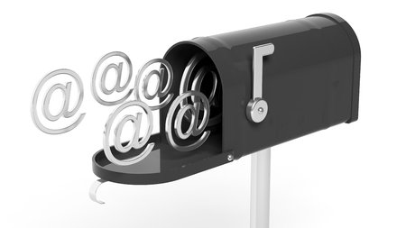 Black mailbox with @ symbols isolated on white backgroundの写真素材