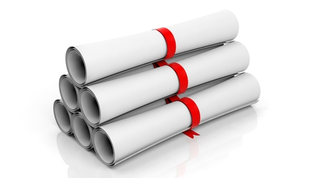 Scrolls with red ribbon,isolated on white background.の写真素材