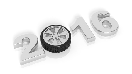 2016 text with car wheel rim, isolated on white.