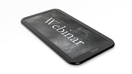 Webinar written on tablet, with blackboard on screen.Isolated on whiteの写真素材