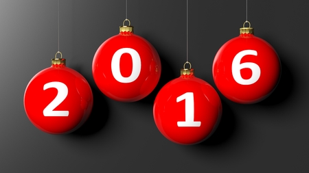 Red Christmas balls and text 2016, isolated on black background.