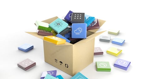 Carton box with beveled square apps, isolated on white background.の写真素材