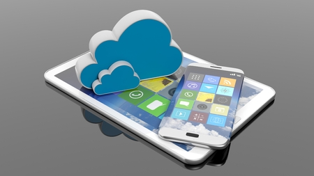 Tablet and smartphone with square apps and cloud icons, isolated on black.の写真素材