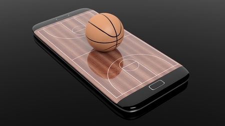 Basketball field with ball on smartphone edge display, isolated on black.の写真素材