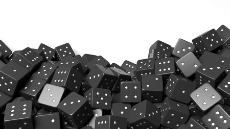 Pile of black random dices with copy-space, isolated on white backgroundの写真素材