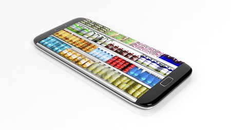 Supermarket refrigerator shelves with products on smartphone screen, isolated on white background.の写真素材