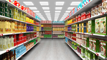 Supermarket interior with shelves full of various products.の写真素材