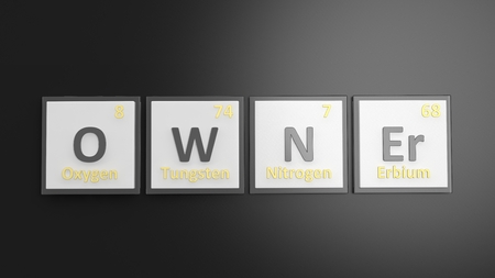 Periodic table of elements symbols used to form word Owner, isolated on blackの写真素材
