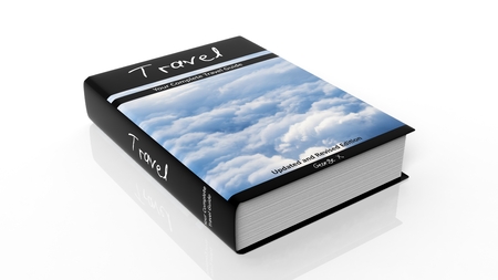 Hardcover book on Travel with illustration on cover, isolated on white background.の写真素材