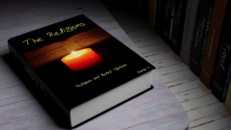 Hardcover book on The Religions with illustration on cover, on wooden surface.の写真素材